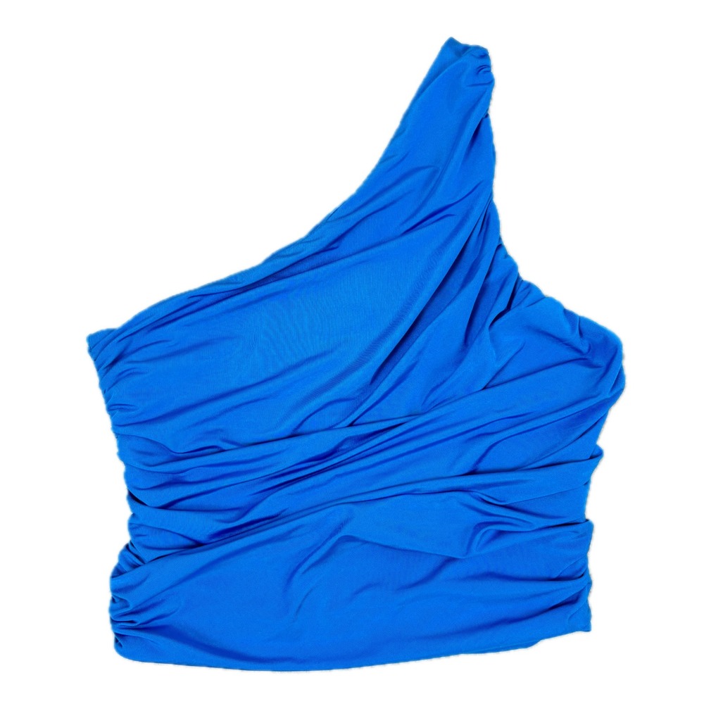 Tiger Mist Womens One Shoulder Ruched Crop Top Cobalt Blue Asymmetrical Small